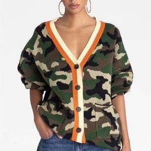 Camouflage V-Neck Cardigan with Orange Trim
